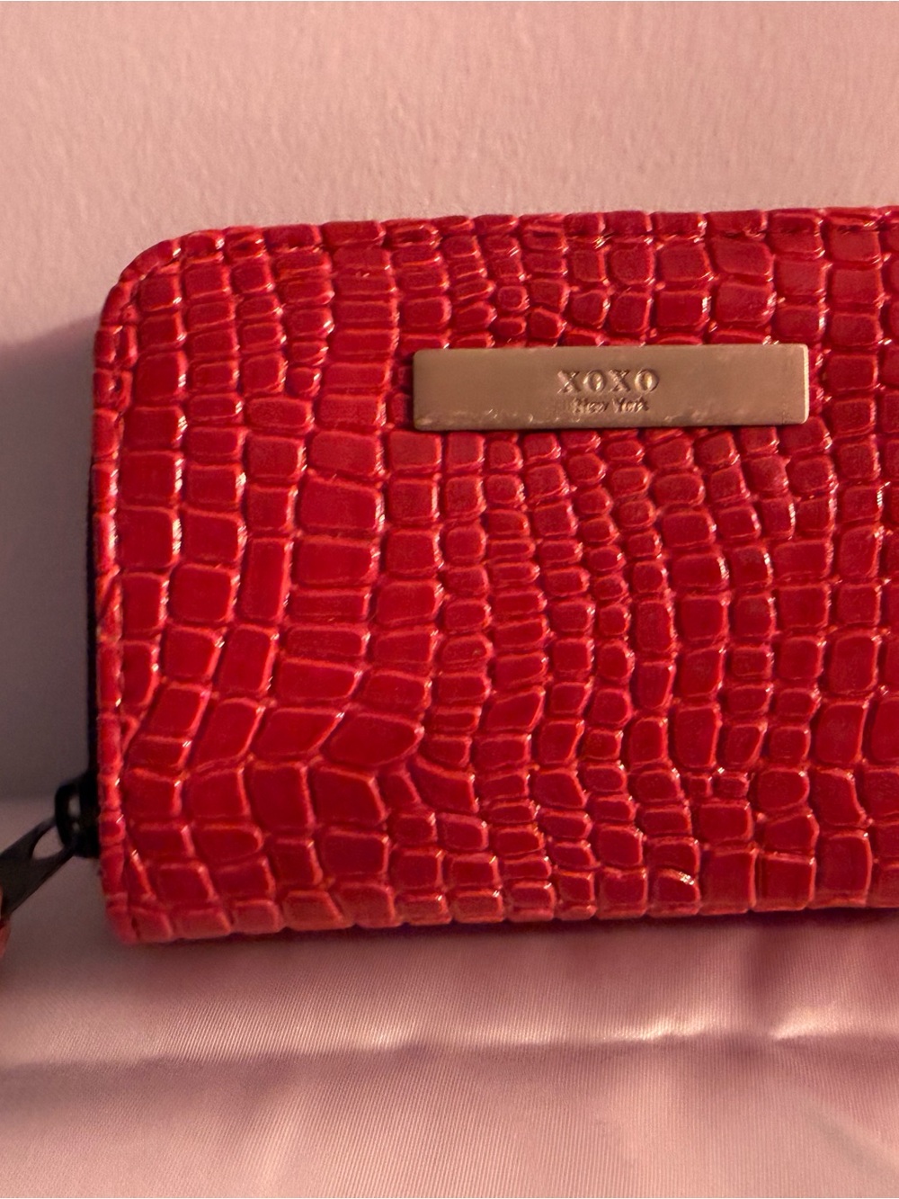 XOXO Croc-Embossed Red Wallet with Gold Plaque